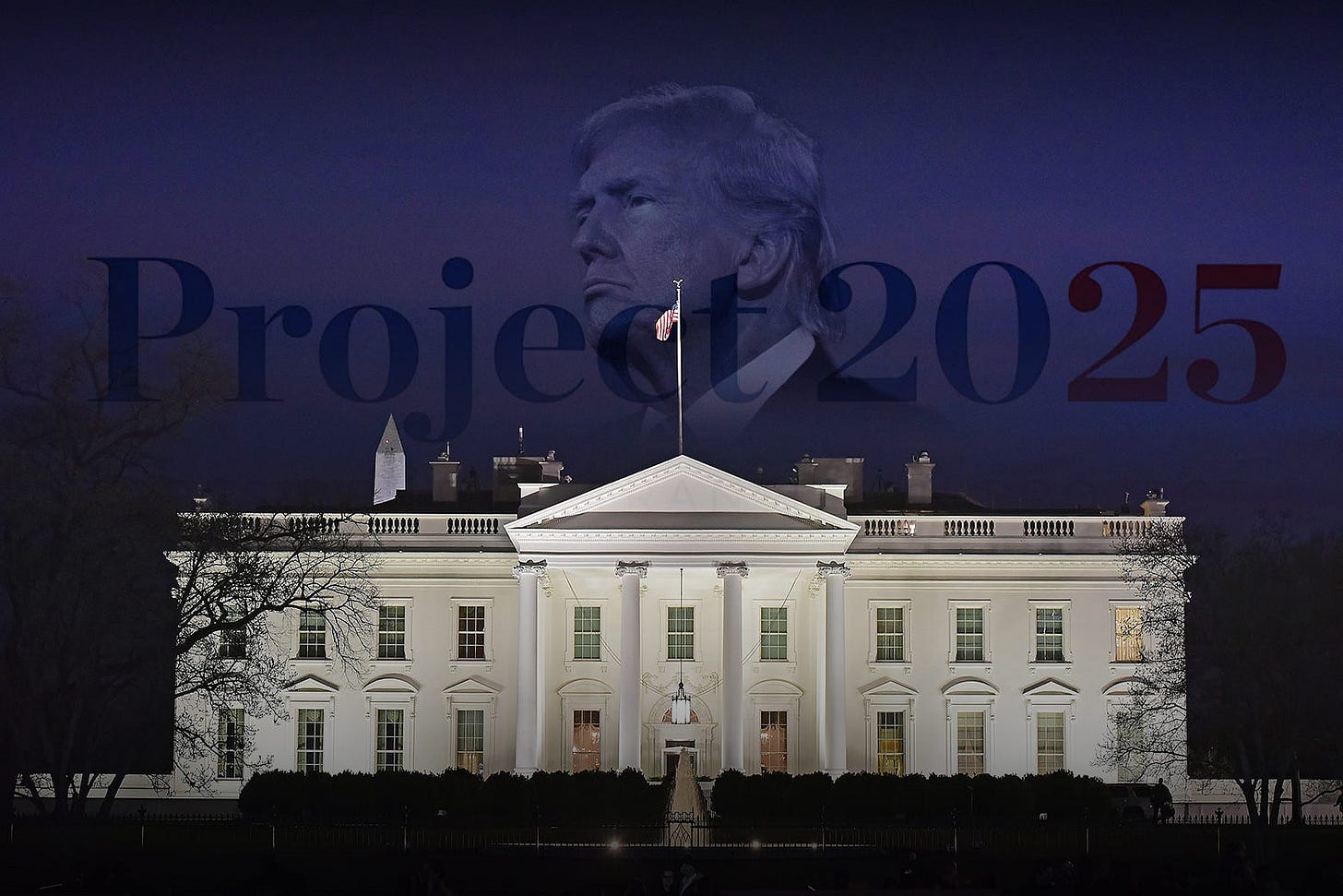 The White House at night with Donald Trump's face looming above it in the sky.
