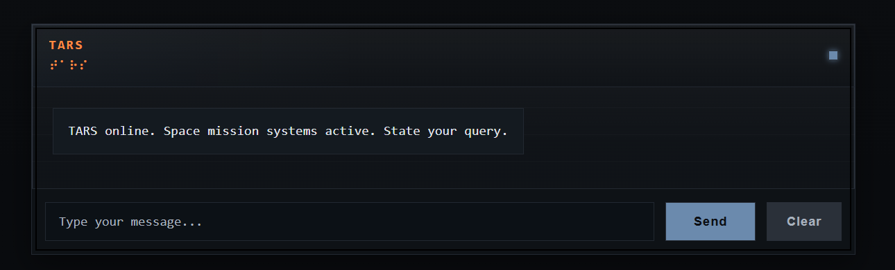 Dark chat interface showing TARS, a space mission assistant, with the message 'TARS online. Space mission systems active. State your query.