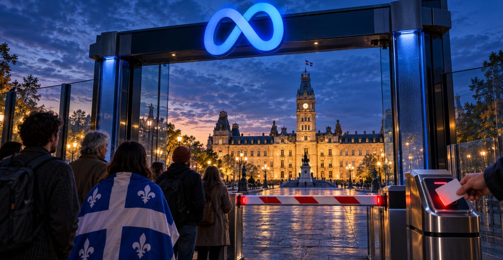 Image actuelle : Illustration éditoriale d’une agora politique québécoise contrôlée par les plateformes Meta, avec l’Assemblée nationale en arrière-plan.