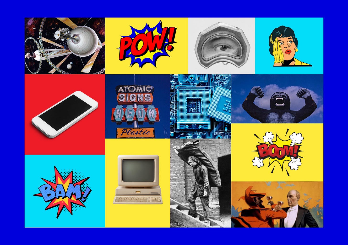 A collage made of 13 different images arranged in a rectangular formation in the style of pop art. The images include vintage photographs of old signs, part of a vintage poster, a vintage space image, historic black and white photos of a male labourer carrying a sack and of a human eye, comic book-style words 'Wow!', 'Bam!' and 'Boom!' as well as a comic  book-style woman's face and images of digital tech, including a computer, a smart phone and computer chips.