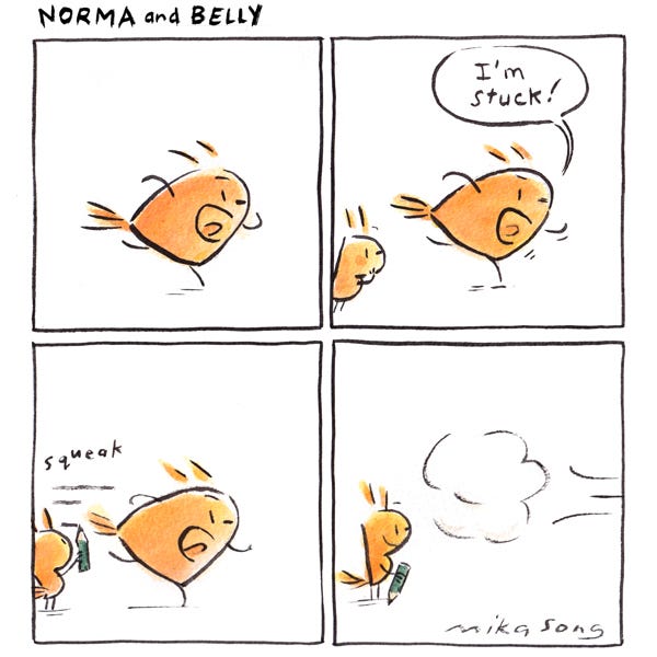 Belly the squirrel is running but seems to be stuck. She asks Little Bee for help. Little Bee adds in some motion lines behind Belly with a pencil. Belly zips out of the panel.