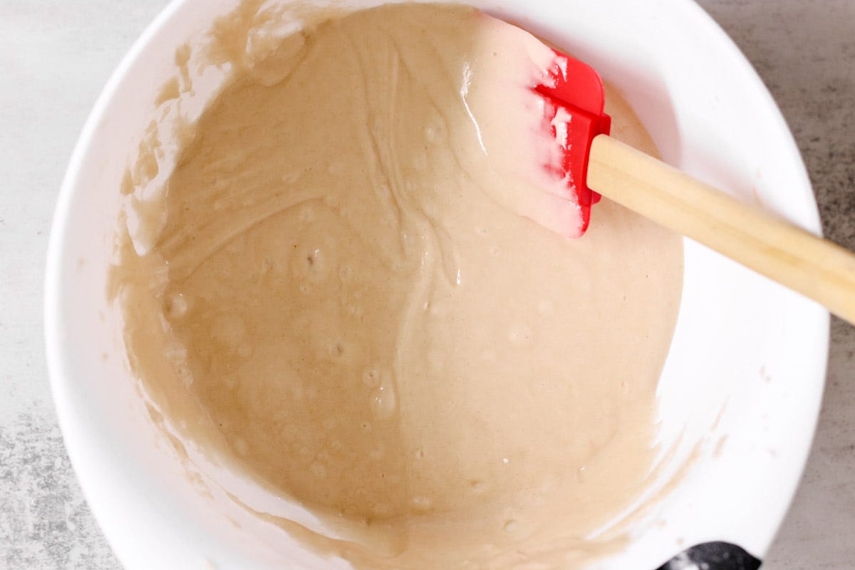 overhead image of mixing cake batter. 