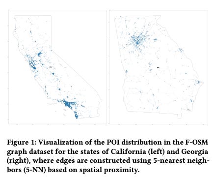 Image showing POI distribution in California and Georgia from the F-OSM dataset, mapped using 5-nearest neighbor spatial clustering