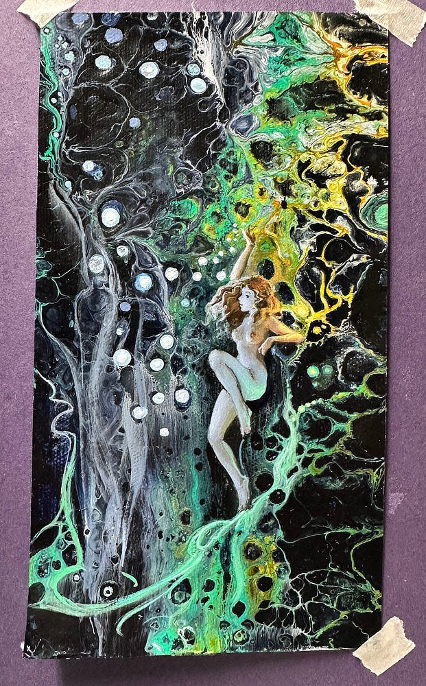 LEFT: Work-in-progress photo of A SPLASH OF MAGIC. The figure of the nymph has been rendered and white dots are present. Green and yellow is being added to enhance the paint patterns found. RIGHT: Detail from A SPLASH OF MAGIC featuring a water nymph posed naked with her left knee raised. Her red hair lifts with the currents. She reaches up with her right hand. A trail of bright white orbs radiates growing as they move outward to the left.