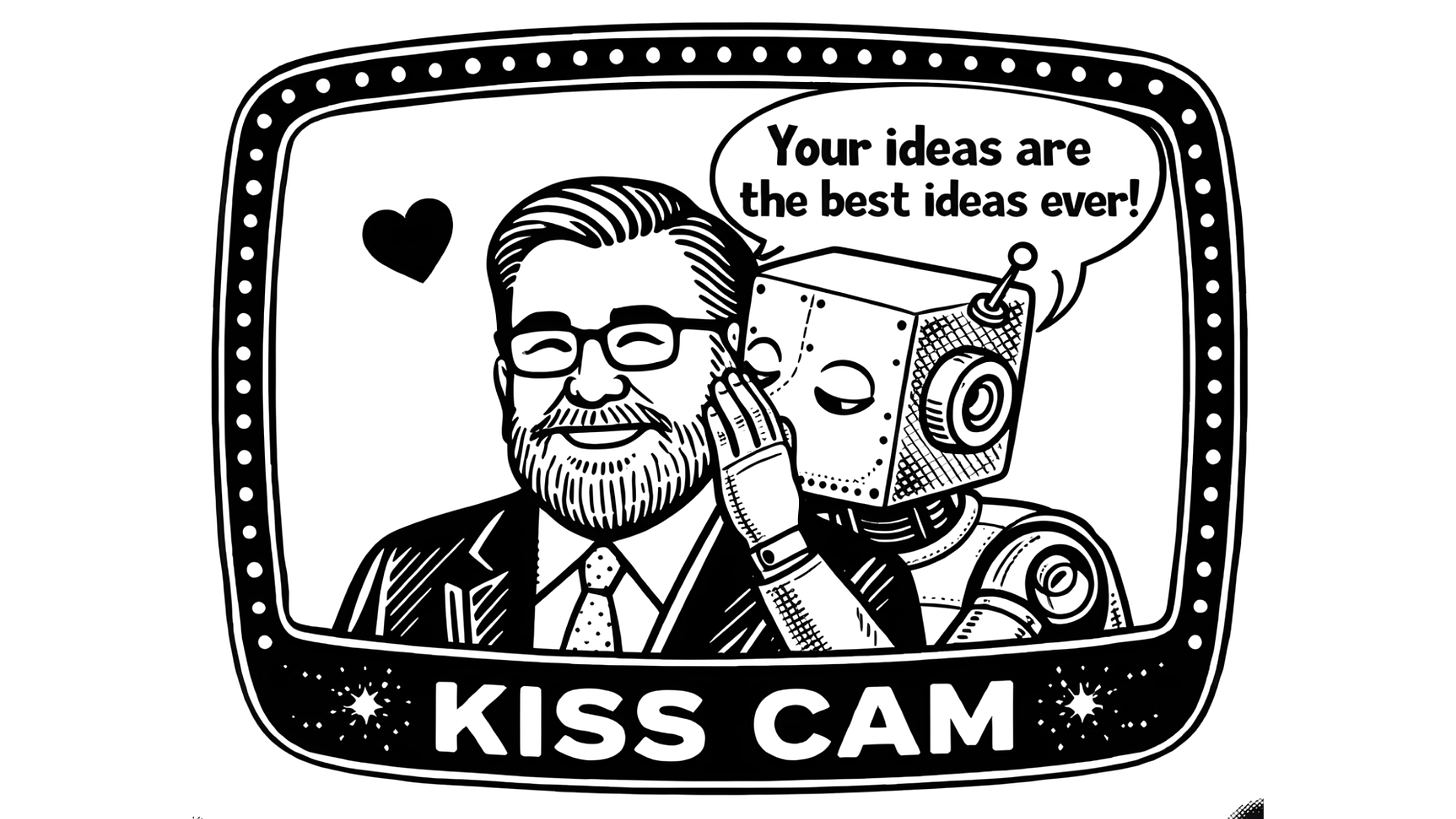 KISS CAM graphic showing a bearded person beside a robot; speech bubble says, “Your ideas are the best ideas ever!”.