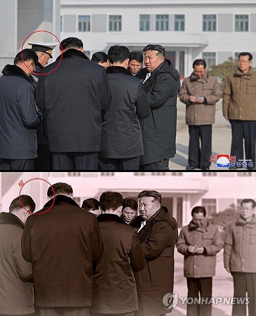 This composite image shows North Korean leader Kim Jong-un's (3rd from R) inspection of a warship construction in March. The top image shows the North Korean navy's former chief commander Kim Myong-sik (circled in red) among other officials, while the bottom image captured from footage from the North's official Korean Central Television aired on June 13, 2025, shows Kim Myong-sik removed. (For Use Only in the Republic of Korea. No Redistribution) (Yonhap)