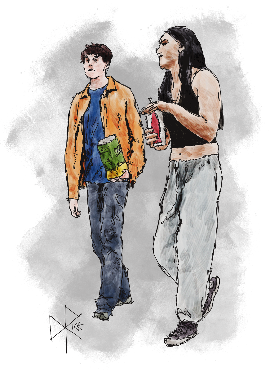 Holding their mostly emptied containers of concession food and drink, two people walk and converse about the movie that they just watched. Sketch art by Don Rice. Holding their mostly emptied containers of concession food and drink, two people walk and converse about the movie that they just watched. Sketch art by Don Rice.