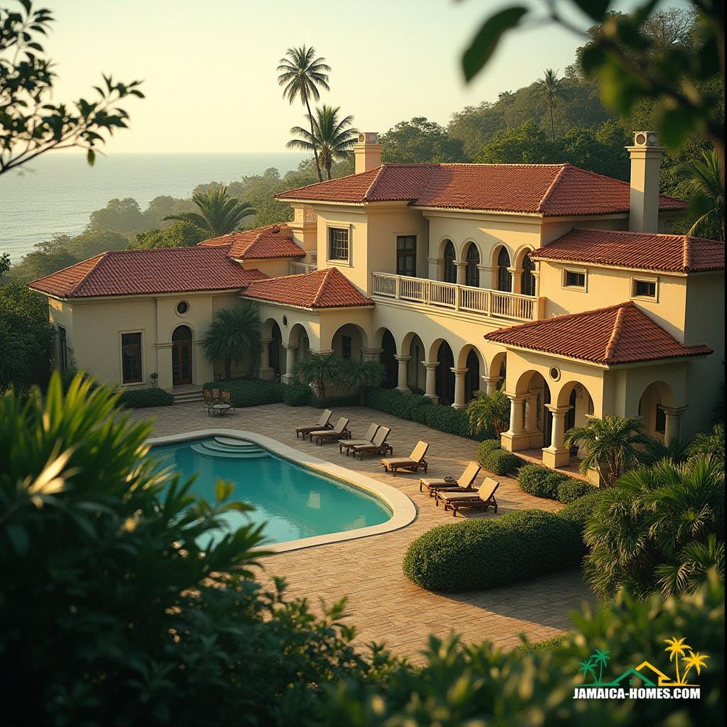 A majestic Mediterranean Revival estate in Jamaica, with stucco walls, terra cotta red-tiled roofs, and arched windows, set amidst lush tropical gardens