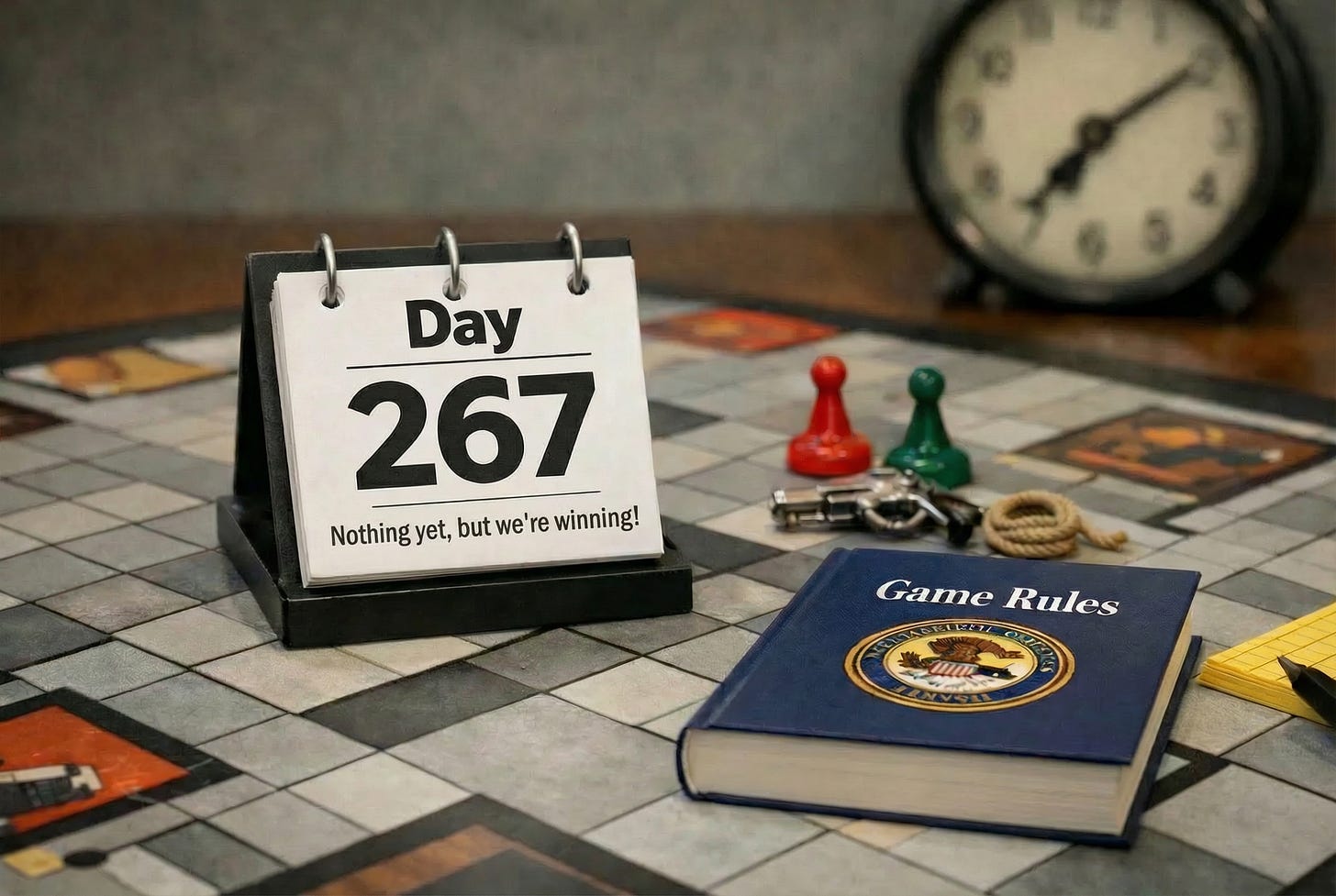 Page-a-day calendar sitting on the Clue game board with “Day 267” and “Nothing yet, but we’re winning!” displayed on the current page; thick official-looking navy-colored book with “Game Rules” and Justice Dept. seal on the cover off to the side. Page-a-day calendar sitting on the Clue game board with “Day 267” and “Nothing yet, but we’re winning!” displayed on the current page; thick official-looking navy-colored book with “Game Rules” and Justice Dept. seal on the cover off to the side.