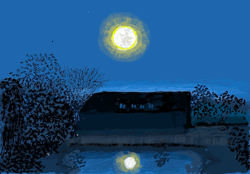 Stylized nighttime landscape with a bright full moon glowing in a deep blue sky, its light reflected in still water below, framed by dark trees and foliage and a low, shadowed structure along the horizon.