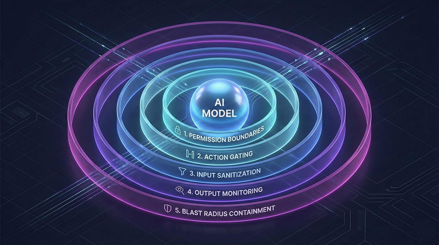 Isometric 3D diagram of a five-layer defense-in-depth architecture for securing AI agents against prompt injection, featuring a central AI model protected by permission boundaries, action gating, and input sanitization. Isometric 3D diagram of a five-layer defense-in-depth architecture for securing AI agents against prompt injection, featuring a central AI model protected by permission boundaries, action gating, and input sanitization.