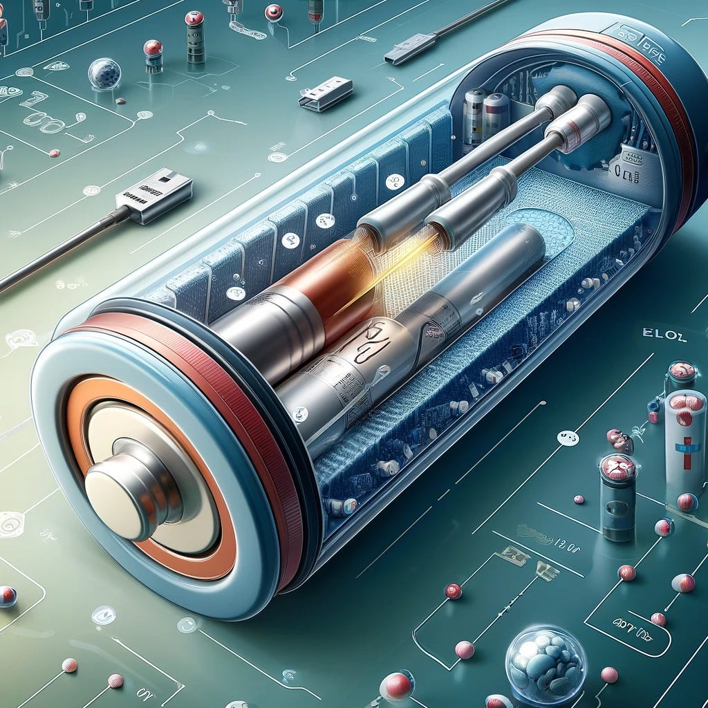 A detailed illustration of a lithium-ion battery being charged. The image features a cutaway view showing the internal components of the battery, including the anode and cathode separated by a thin polymer separator. The anode is depicted with a copper collector, and the cathode with an aluminum collector. Lithium ions are shown moving through the electrolyte from the cathode to the anode, represented by small, stylized icons. The scene also includes visual representations of electrons moving through an external circuit from the cathode, and a close-up view of Solid Electrolyte Interphase (SEI) forming around the anode. The style is educational and highly detailed, suitable for a scientific newsletter.