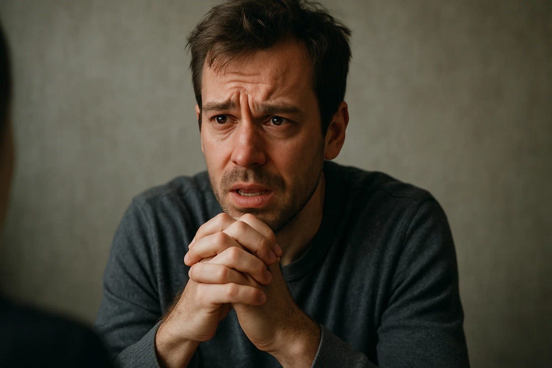 A distressed man sits with his hands clasped near his face, brow furrowed and eyes red, as if he is on the verge of tears or struggling with a difficult conversation. A distressed man sits with his hands clasped near his face, brow furrowed and eyes red, as if he is on the verge of tears or struggling with a difficult conversation.