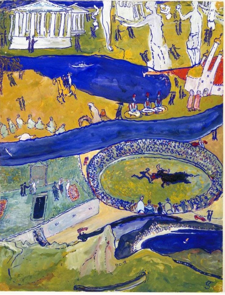 This may contain: an abstract painting with people and animals in the background