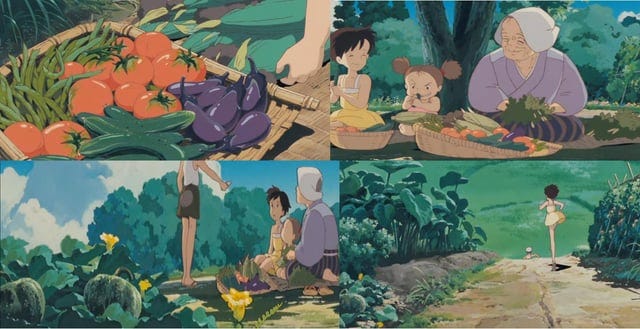 My favorite scene from My neighbor Totoro is when they eat the delicious looking vegetables from Obaa-chan. I find it hard to say what vegetables there are. I see tomatoes, egg plants My favorite scene from My neighbor Totoro is when they eat the delicious looking vegetables from Obaa-chan. I find it hard to say what vegetables there are. I see tomatoes, egg plants