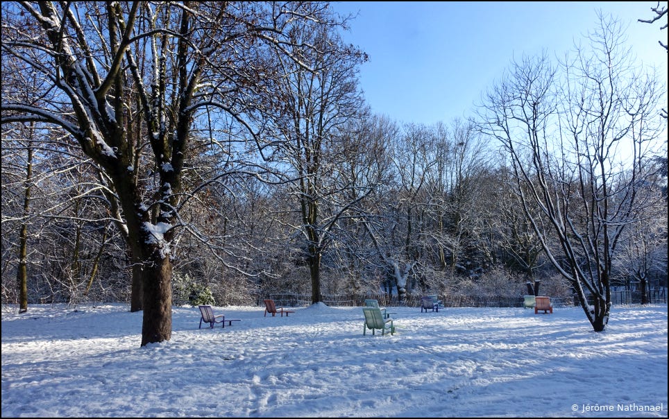 Des bancs dans un parc recouvert de neige
