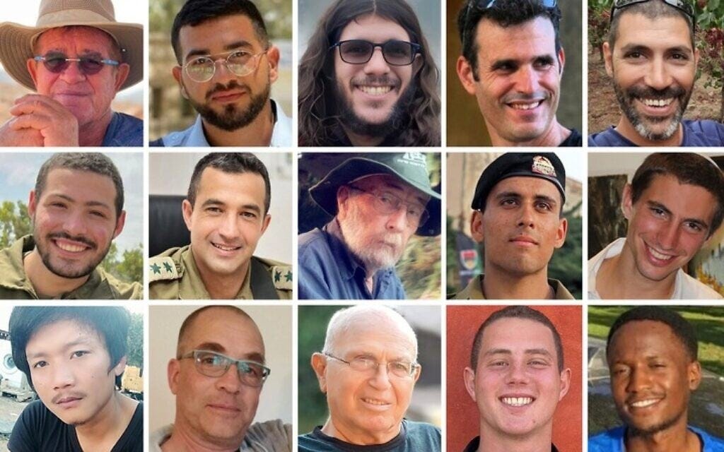 Slain hostages whose bodies were still held in Gaza as of October 21, 2025: (Top row from left) Meny Godard, Ran Gvili, Sahar Baruch, Dror Or, Tamir Adar;(Second row) Itay Chen, Asaf Hamami, Arie Zalmanowicz, Oz Daniel, Hadar Goldin; (Bottom row) Sudthisak Rinthalak, Lior Rudaeff, Amiram Cooper, Omer Neutra, Joshua Mollel. (Collage by Times of Israel; Photos: Courtesy)