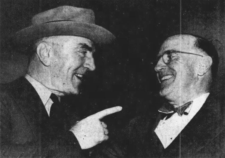 Eddie Rickenbacker (left), and Charlie Crandon (right), on November 9, 1947. Eddie Rickenbacker (left), and Charlie Crandon (right), on November 9, 1947.