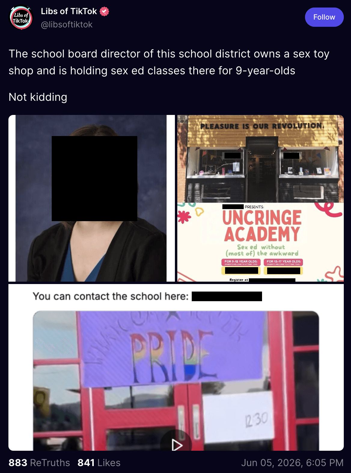 June 5 post shared by Libs of TikTok on Truth Social targets a female school board director in Bellingham, Washington, who owned a sex shop offering educational events for children. The post included images of the woman, her business, a flyer advertising the classes, and a prior post about a Pride Month event at a high school in her district. (Open Measures redacted personal information in this screenshot.)
