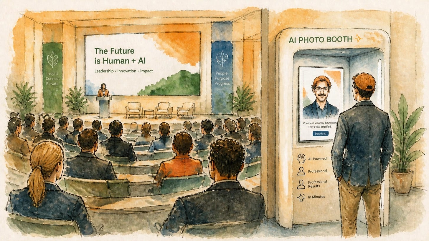 The US Chamber AI+Work Summit main hall from the back row: hundreds of attendees face a stage panel on AI and trust, while one person at a side photo booth faces their own AI-generated portrait instead The US Chamber AI+Work Summit main hall from the back row: hundreds of attendees face a stage panel on AI and trust, while one person at a side photo booth faces their own AI-generated portrait instead