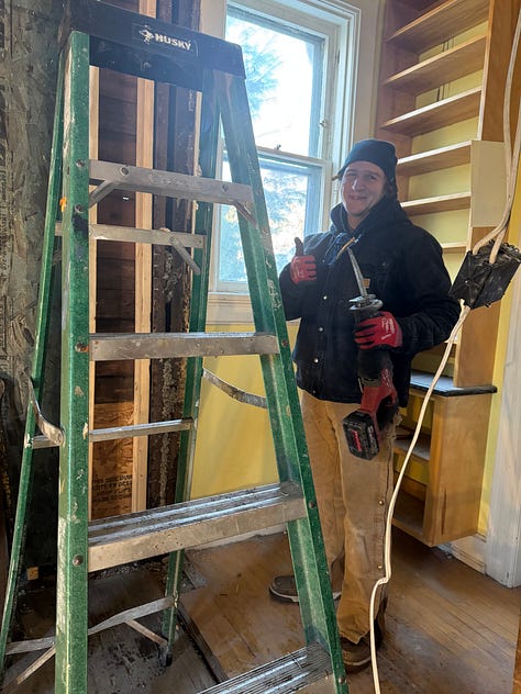 Six photos, three of interior fire damage, two of ongoing repairs, and one of a stack of flooring. 