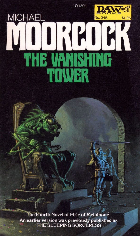 Paperback book cover for THE VANISHING TOWER by Michael Moorcock, published by DAW Books