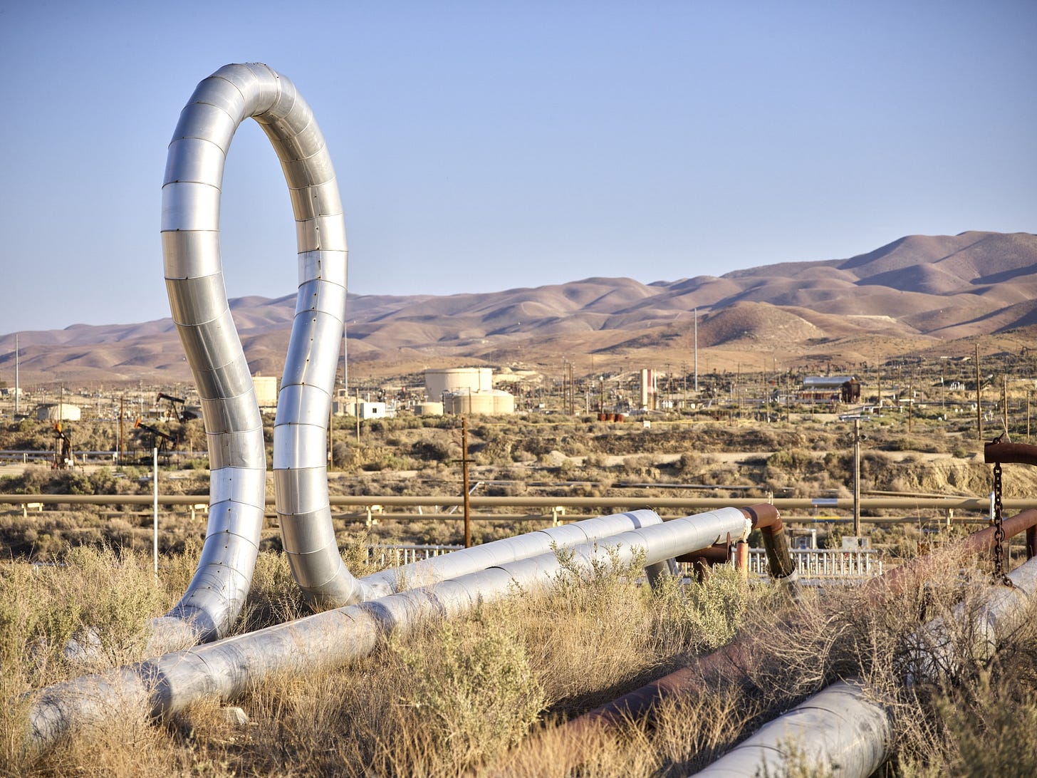 Pipelines at the Midway-Sunset oil field near Derby Acres, California.