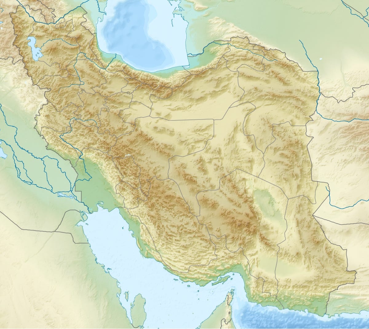 Topographic relief map of Iran showing the Zagros and Alborz mountain ranges that make ground invasion extremely difficult. Map: Wikimedia Commons / CC BY-SA 3.0