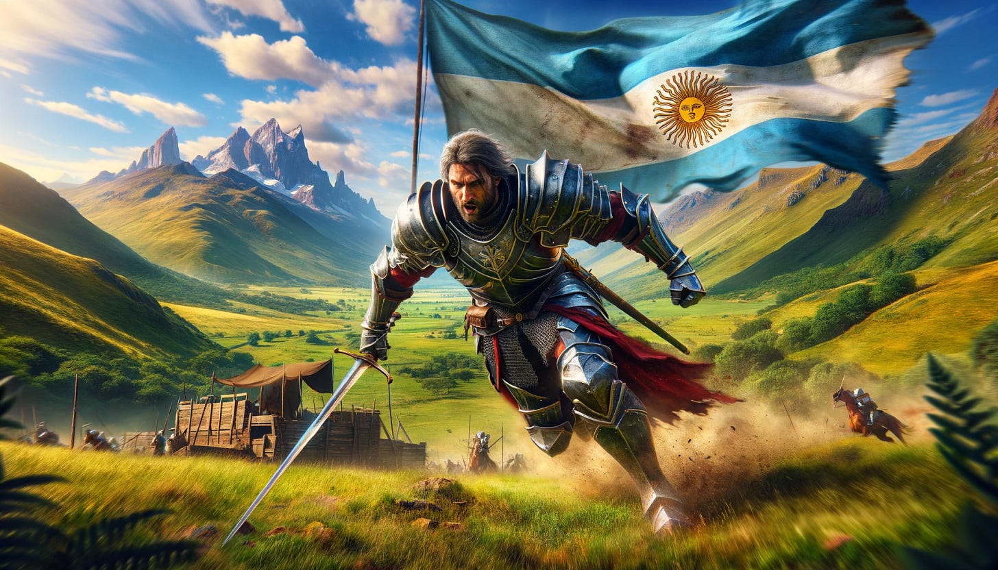 A powerful warrior in full armor is charging forward on a battlefield. The scene is set in a picturesque Argentine landscape, featuring rolling hills and a vibrant blue sky. In the background, the Argentina flag waves majestically, adding a sense of national pride to the scene. The warrior's expression is one of determination and bravery, and the armor is intricately detailed, reflecting the sunlight. The landscape is lush and green, typical of the beautiful Argentine countryside. A powerful warrior in full armor is charging forward on a battlefield. The scene is set in a picturesque Argentine landscape, featuring rolling hills and a vibrant blue sky. In the background, the Argentina flag waves majestically, adding a sense of national pride to the scene. The warrior's expression is one of determination and bravery, and the armor is intricately detailed, reflecting the sunlight. The landscape is lush and green, typical of the beautiful Argentine countryside.