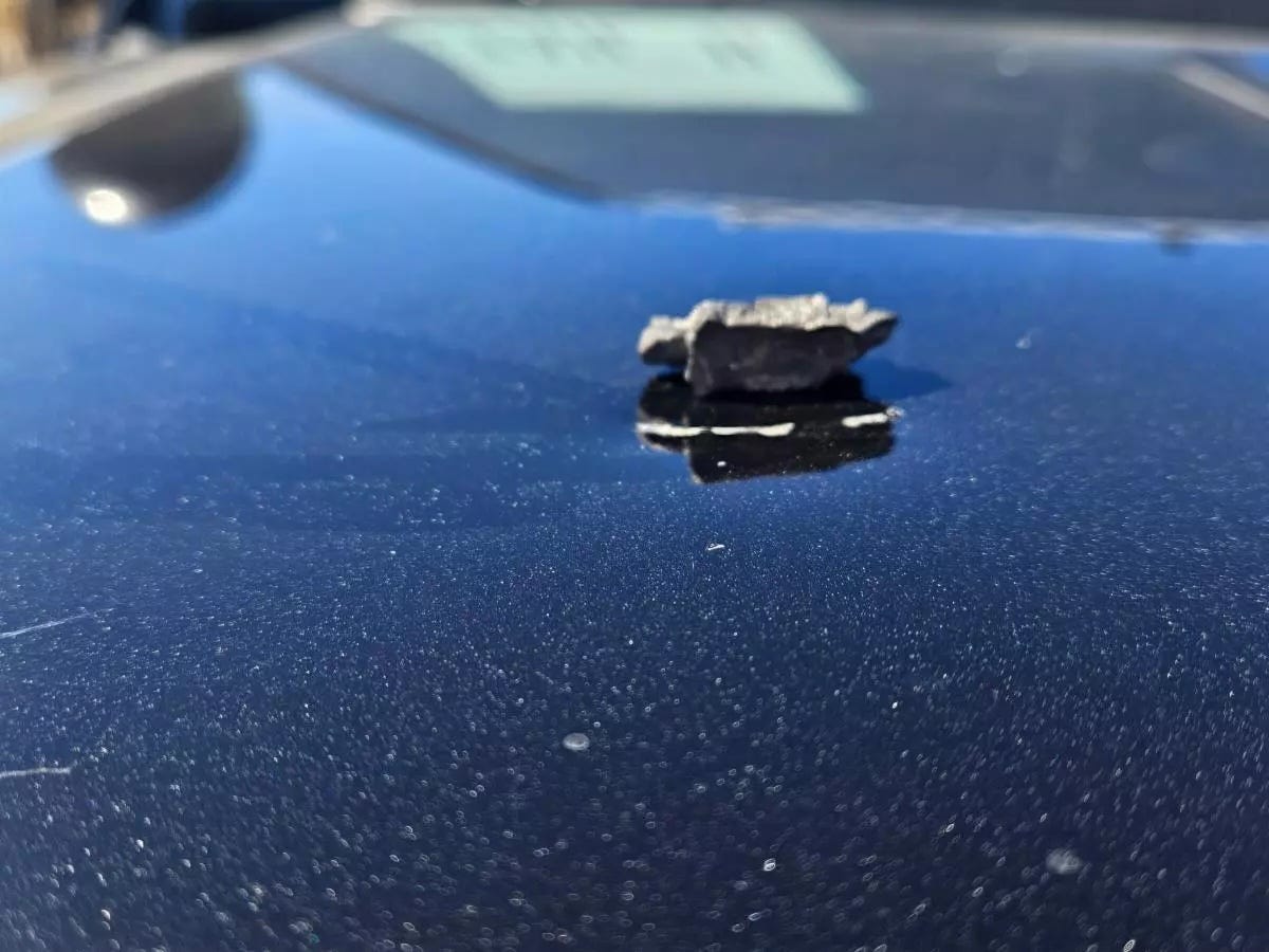 A chunk of shrapnel is seen on the hood of a California Highway Patrol vehicle amid a live-fire demonstration at Camp Pendleton. (California Highway Patrol) A chunk of shrapnel is seen on the hood of a California Highway Patrol vehicle amid a live-fire demonstration at Camp Pendleton. (California Highway Patrol)