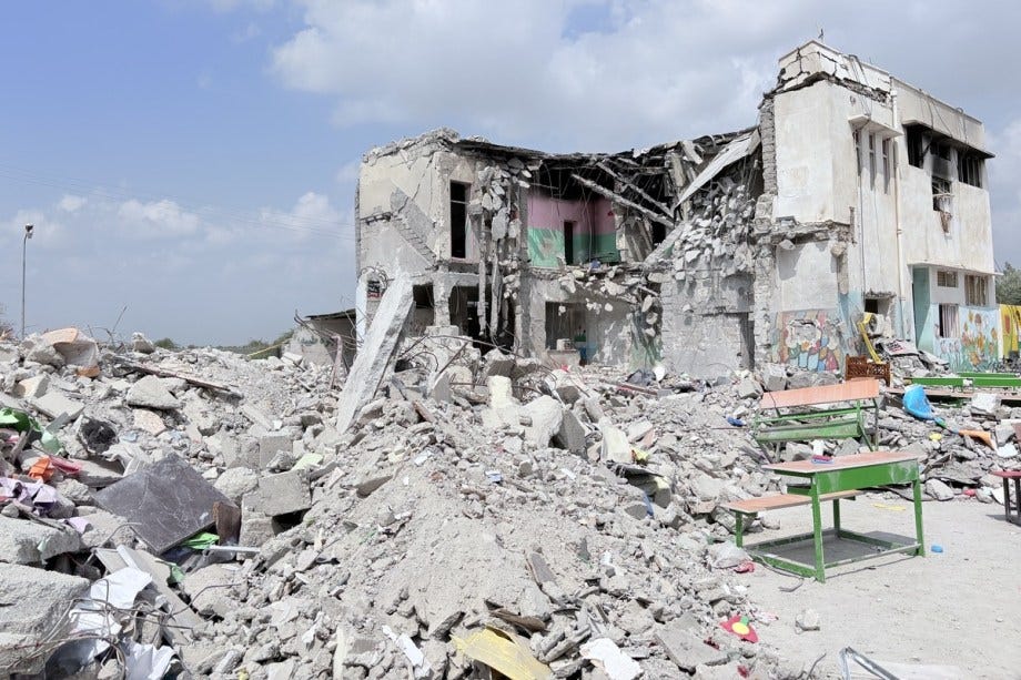 A view of the debris of a school, where many students and teachers lost their lives on the first day of the wave of attacks launched by the United States and Israel against Iran, in Hormozgan, Iran on March 05, 2026. [Stringer - Anadolu Agency]