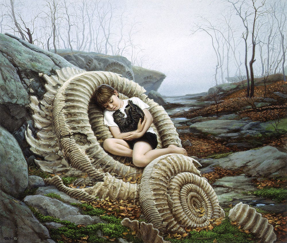 A pair of ammonite fossils rests against a natural levee of cracked stone in the immediate foreground left. There a boy cradles a gray tabby cat in his arms as he lays back against the larger ammonite with his eyes closed. His lowered leg rests on the curve of the second fossil. Notably in the autumnal setting, he wears only black shorts and a white t-shirt. Echoes of other ammonite fossils can be seen in stone above and behind. A trail of russet leaves over damp rock leads into the graying distance as thin trees stand skeletal against hazy skies.