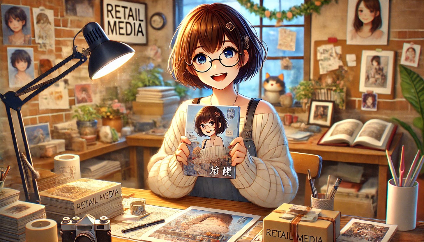 20代のショートヘアでメガネをかけた若い日本人女性を描いた2Dアニメ風のイラスト。彼女は新刊の出版を祝って、うれしそうにしている。舞台は彼女の個人スタジオまたはアトリエで、本、書類、ライティングデスク、芸術的な装飾品など、居心地の良いクリエイティブな要素でいっぱいだ。彼女は、表紙に猫の画像とともに「リテールメディア」というタイトルが書かれた、印刷したばかりの本を手にしている。彼女は明るく笑っている。雰囲気は暖かくクリエイティブで、柔らかな照明が空間を照らし、成功した作家が自分のクリエイティブな環境で興奮している様子をとらえている。