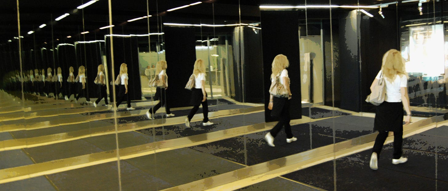 A woman reflected multiple times in a mirror illusion