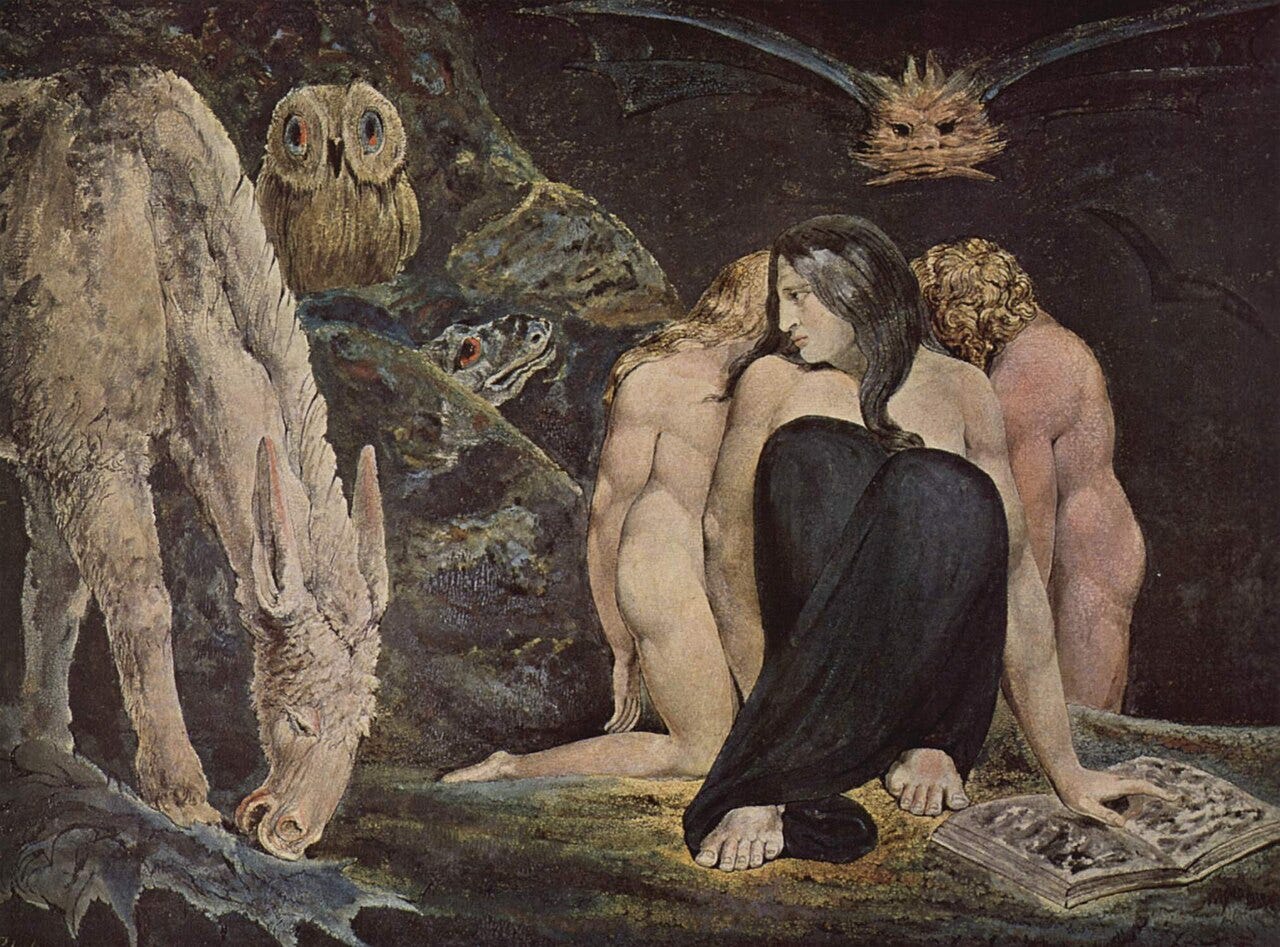 A triple goddess in gloom with an owl at the upper left A triple goddess in gloom with an owl at the upper left