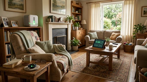 An empty living room with a tablet on.