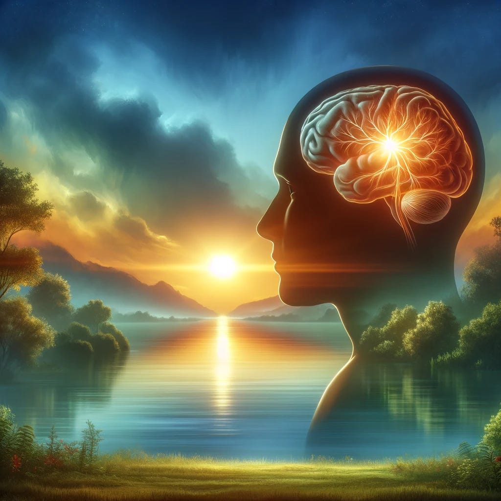 A serene landscape symbolizing hope and healing, with a sunrise over a tranquil lake surrounded by lush greenery. In the foreground, a silhouette of a human head with the cerebellum highlighted, suggesting a focus on mental health and recovery. The image embodies the concept of new beginnings and the potential for therapeutic advancements in treating PTSD, without directly depicting the disorder or its symptoms. The overall atmosphere is one of peace, rejuvenation, and optimism, aiming to convey the message of breakthroughs in medical research leading to innovative treatments.