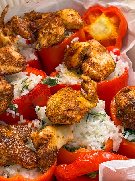 herby turkey meatballs with dilly cucumber tzakiki, cilantro-lim erice & chicken stuffed peppers, peanut butter & strawberry jelly overnight oats, purple power steak street tacos, Thai beef curry with wild rice