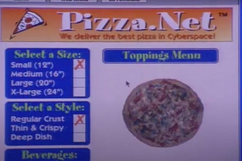 A computer displaying a pizza.net online pizza ordering system, and the resulting pizza, in The Net (1995) movie with Sandra Bullock | Film Flavor: A Newsletter Surveying Food in Film