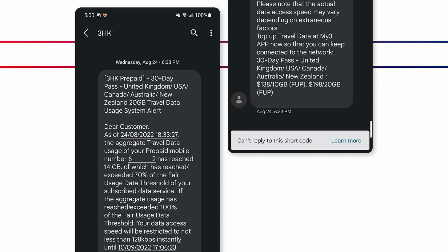 Two instances of one screenshot cut off on one side and continued on another. The message is from 3HK, saying that 14GB or 70% of the available 20GB has been used, and that exceeding the limit would mean the data speeds would be throttled to 128Kbps. It also says that topping up the allocation is also available to keep the high speeds via their My3 app