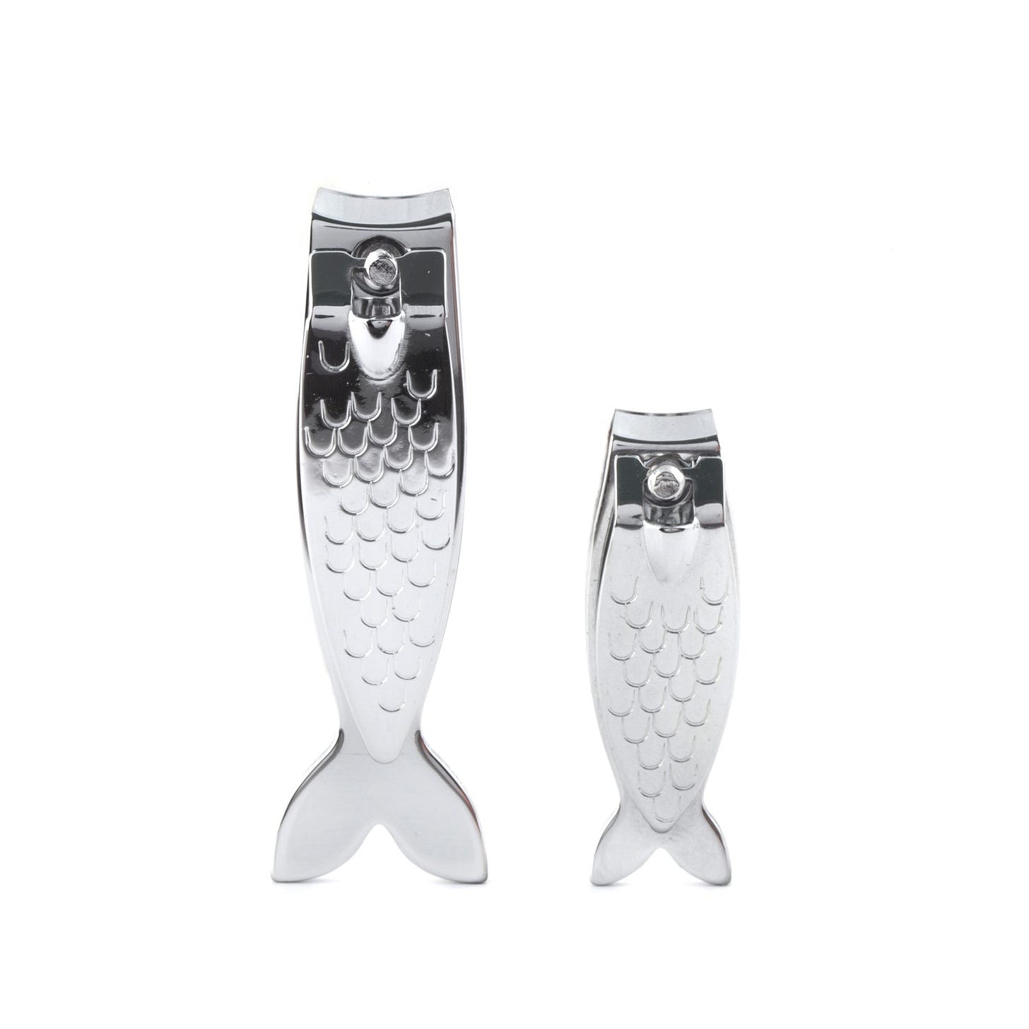 Pair of silver nail clippers shaped like fish