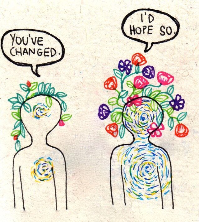 This may contain: two people with flowers in their heads, one saying you've changed and the other saying i'd hope so