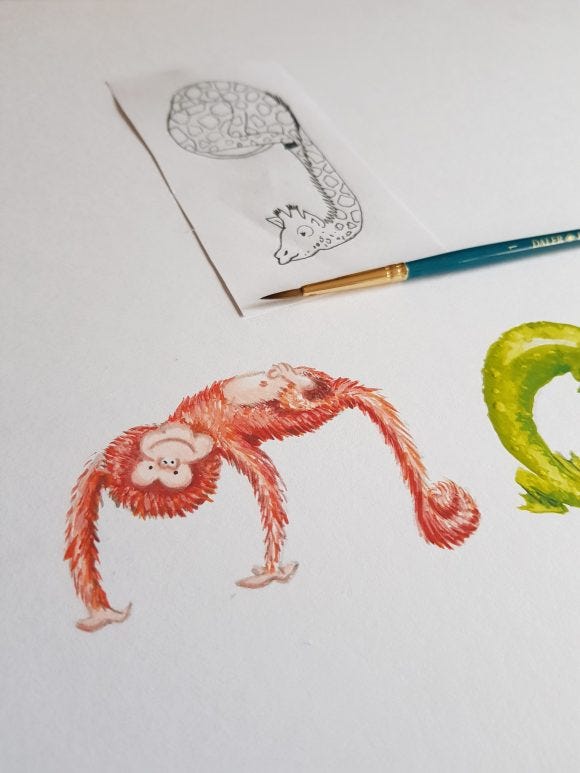 Close up of hand painted versions letters from Lisa B Draws' animal alphabet used in Personalised Prints