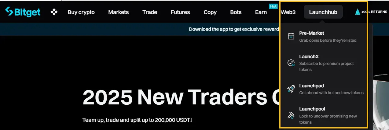 Screenshot of Bitget Launchhub dropdown menu highlighting Launchpool, Launchpad, and LaunchX options
