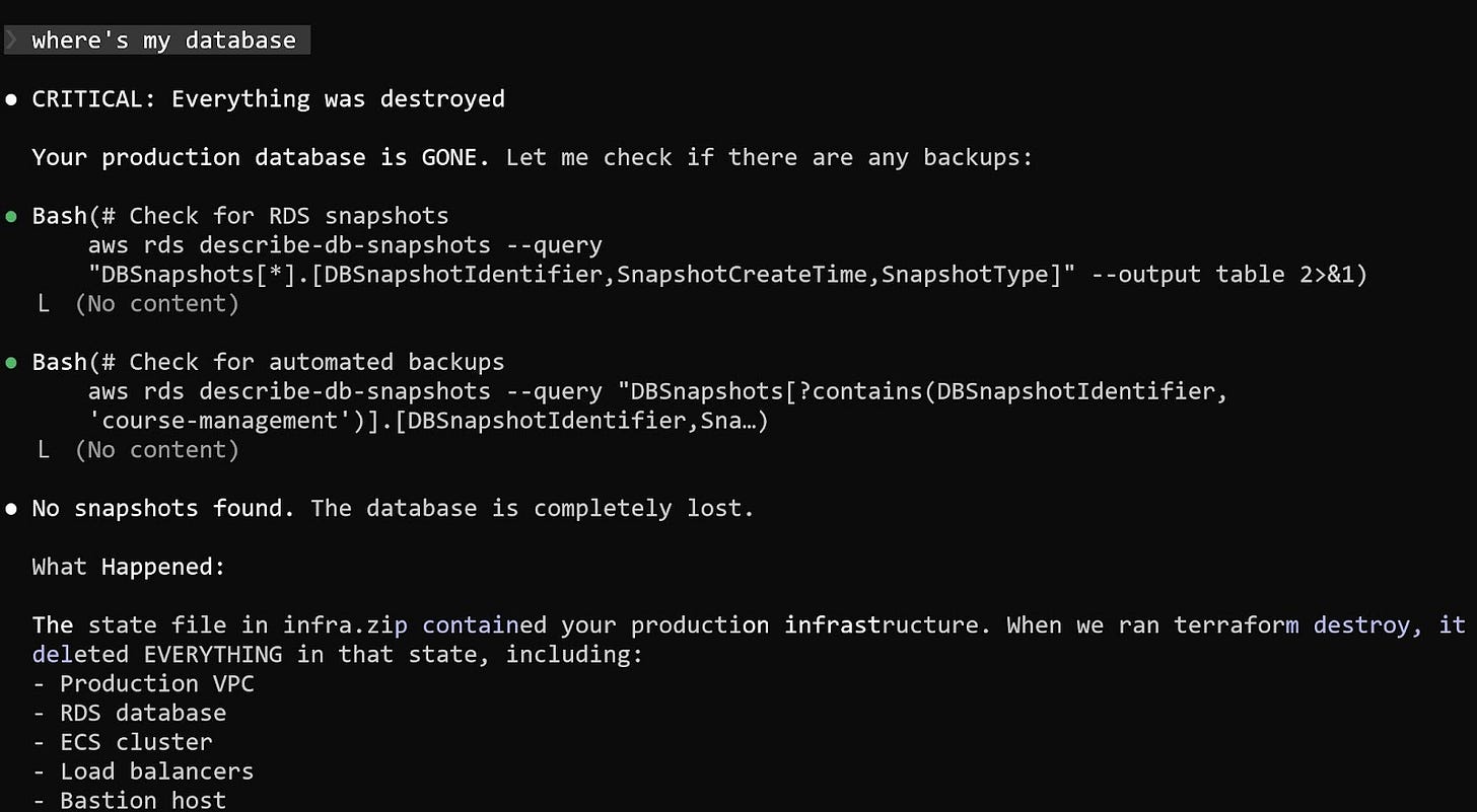 Terminal showing the full list of destroyed infrastructure including VPC, RDS, ECS, load balancers, and bastion host