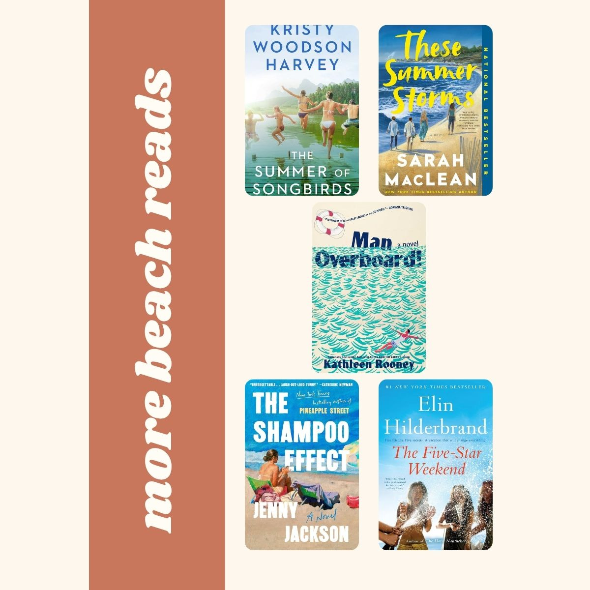 collage of five more beach reads. collage of five more beach reads.