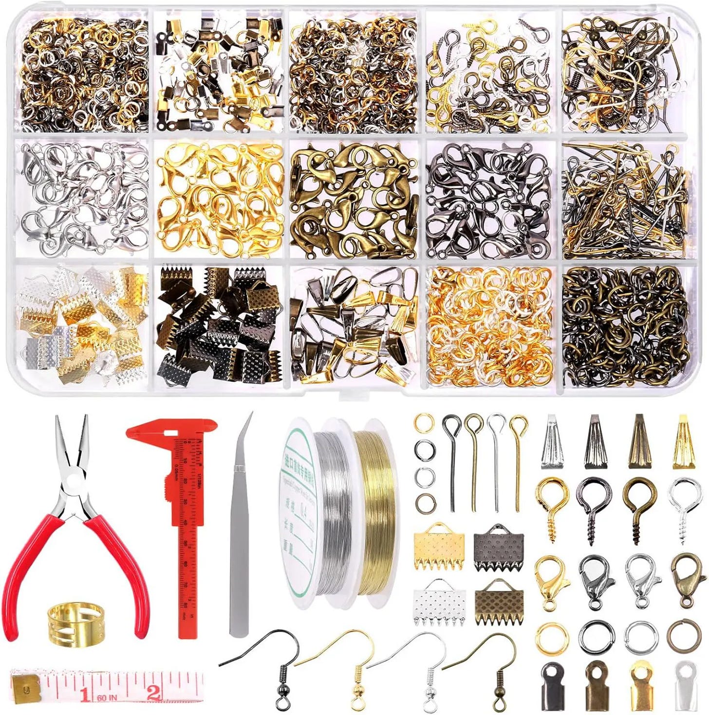 A display of tiny metal rings, hooks, and clasps with jewelry making tools. A display of tiny metal rings, hooks, and clasps with jewelry making tools.