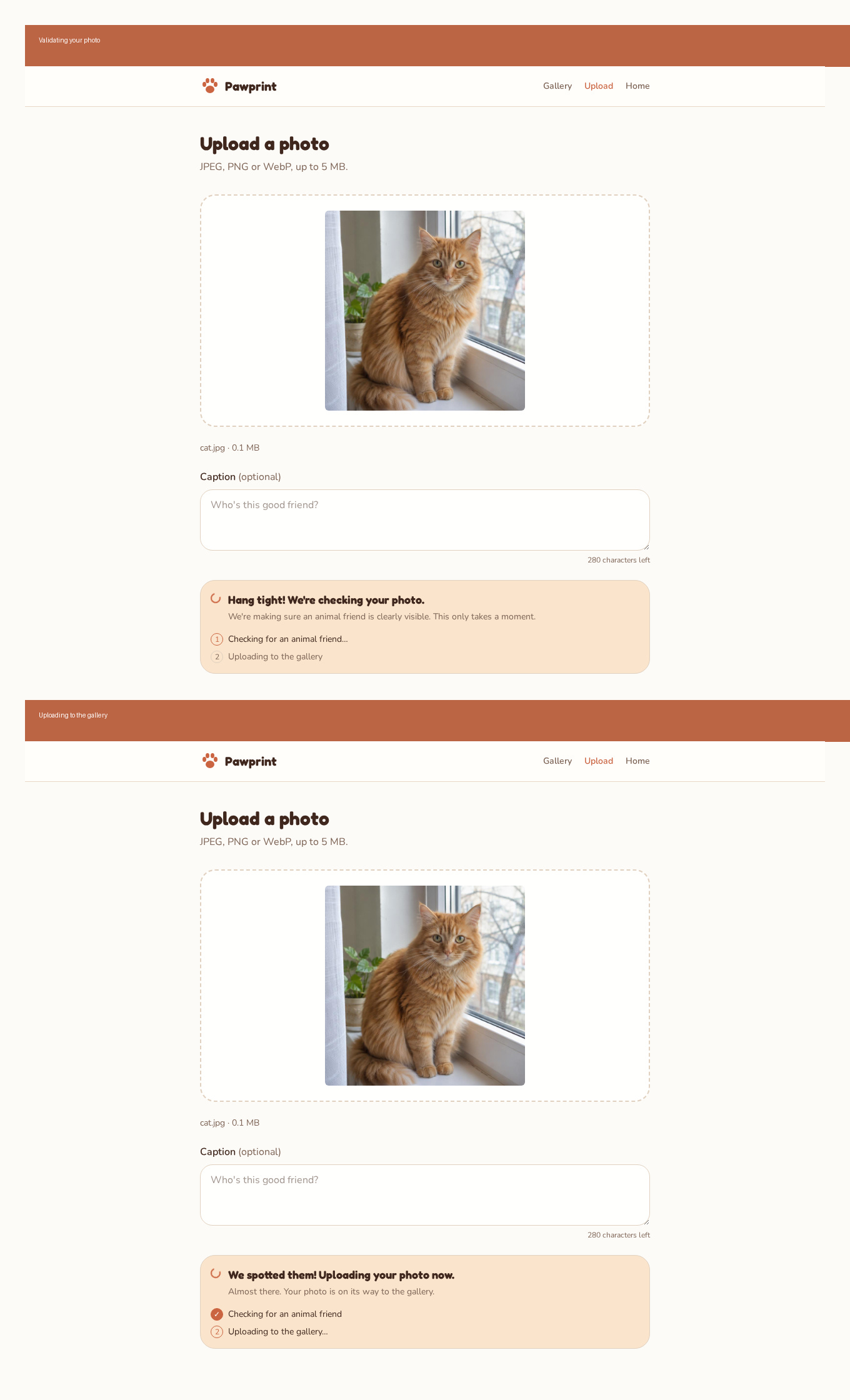 The upload page showing its checking-for-an-animal message The upload page showing its checking-for-an-animal message