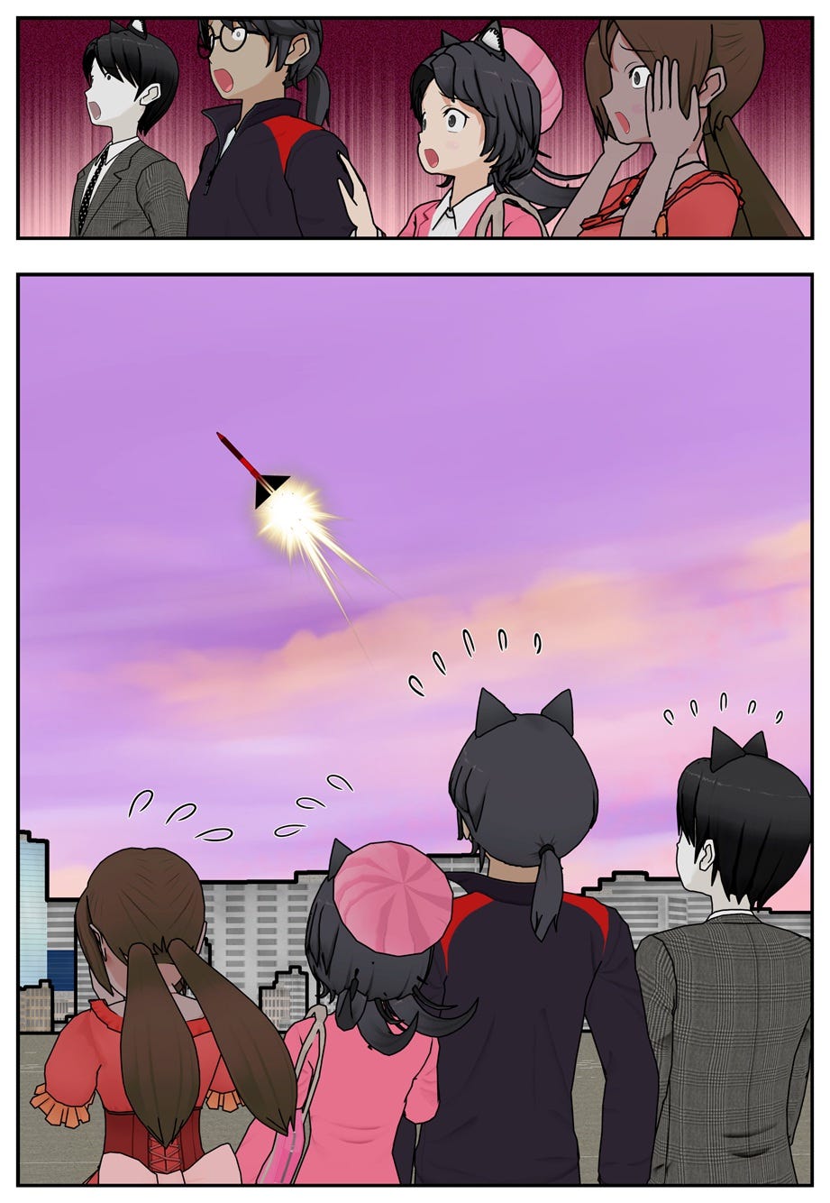 Ace, Ruff, Rae, and Jackie react in horror as they see the missile launching in the distance.