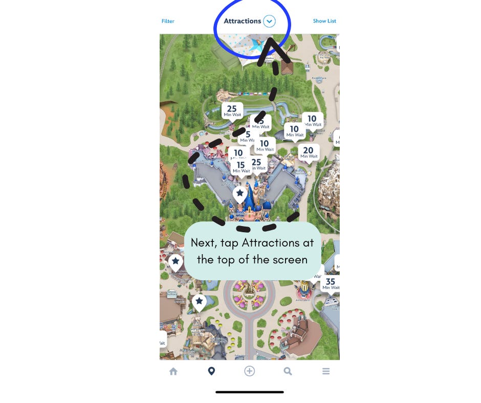 Disneyland app attractions map view